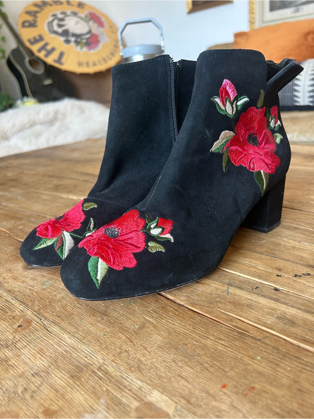 Kate Spade Black Suede Ankle Boots with Red Floral Embroidery 7.5